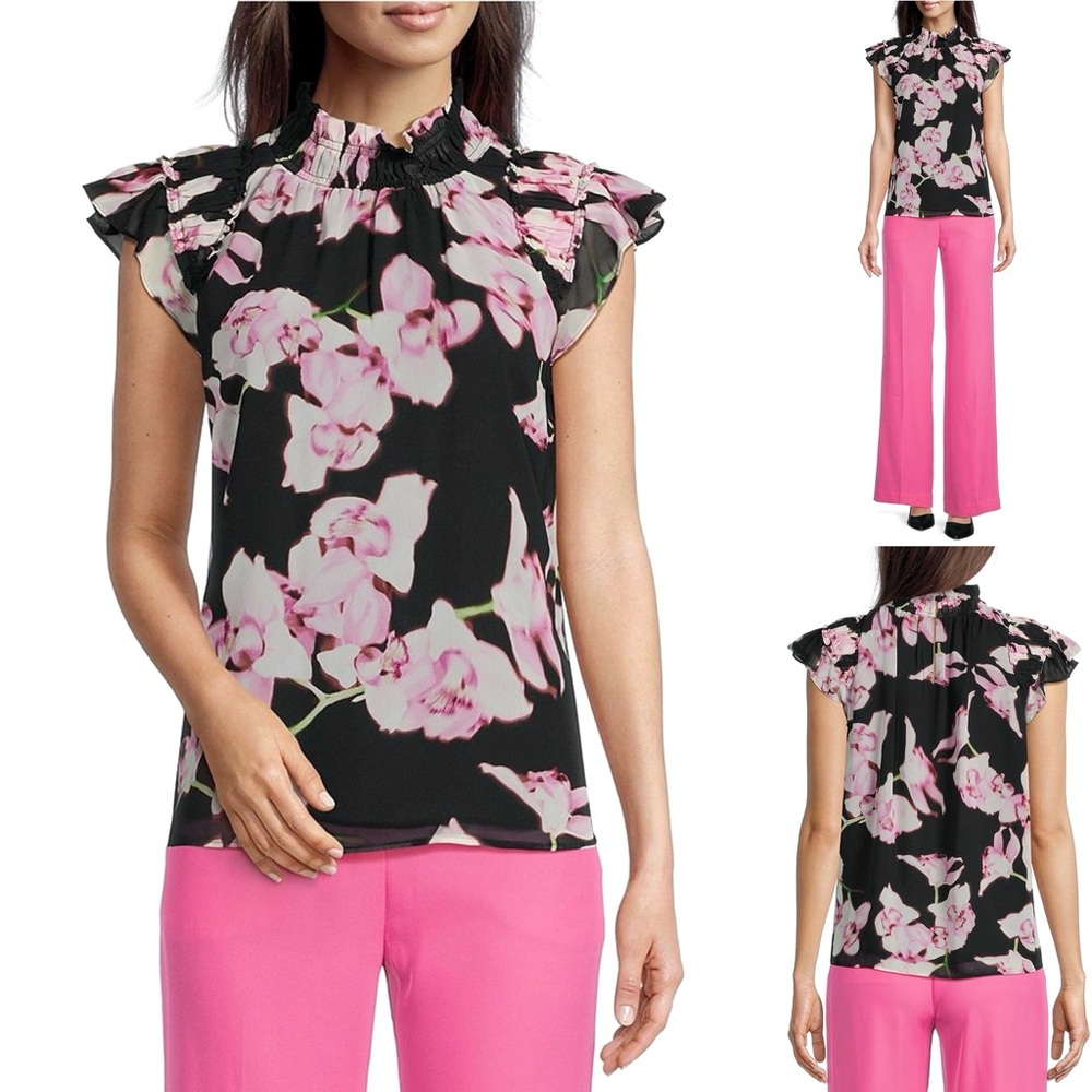 CALVIN KLEIN Floral Chiffon Blouse Mock Neck Ruffle Cap Sleeve Lined Lightweight